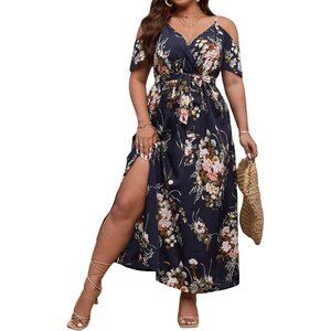 Women's Plus Size Long Dress Cold Shoulder Floral Maxi Vacation Casual